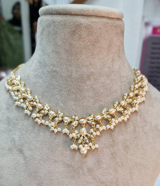 INDIAN STYLISH,JARAU, GOLD PLATED, STUDDED WITH WHITE PEARLS NECKLACE N EARRING