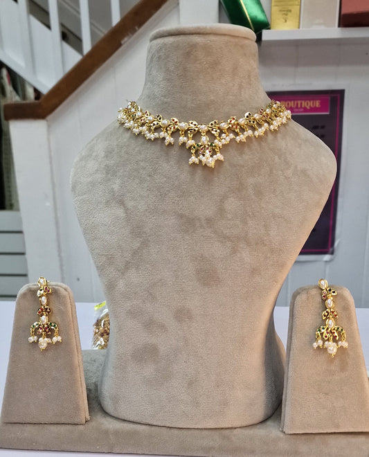 INDIAN STYLISH,JARAU, GOLD PLATED STUDDED SET WITH MULTI COLOURED STONES