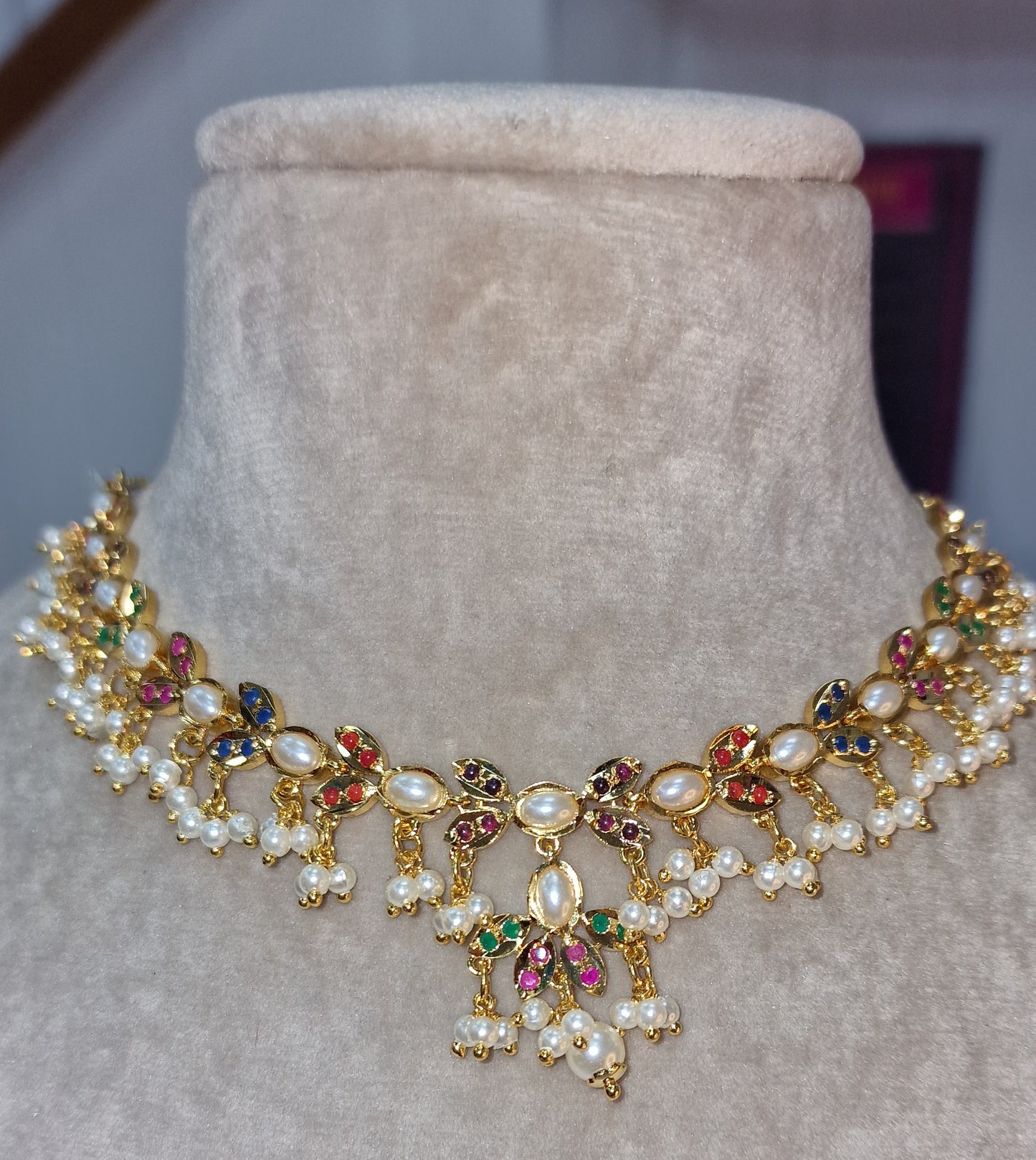 INDIAN STYLISH,JARAU, GOLD PLATED STUDDED SET WITH MULTI COLOURED STONES
