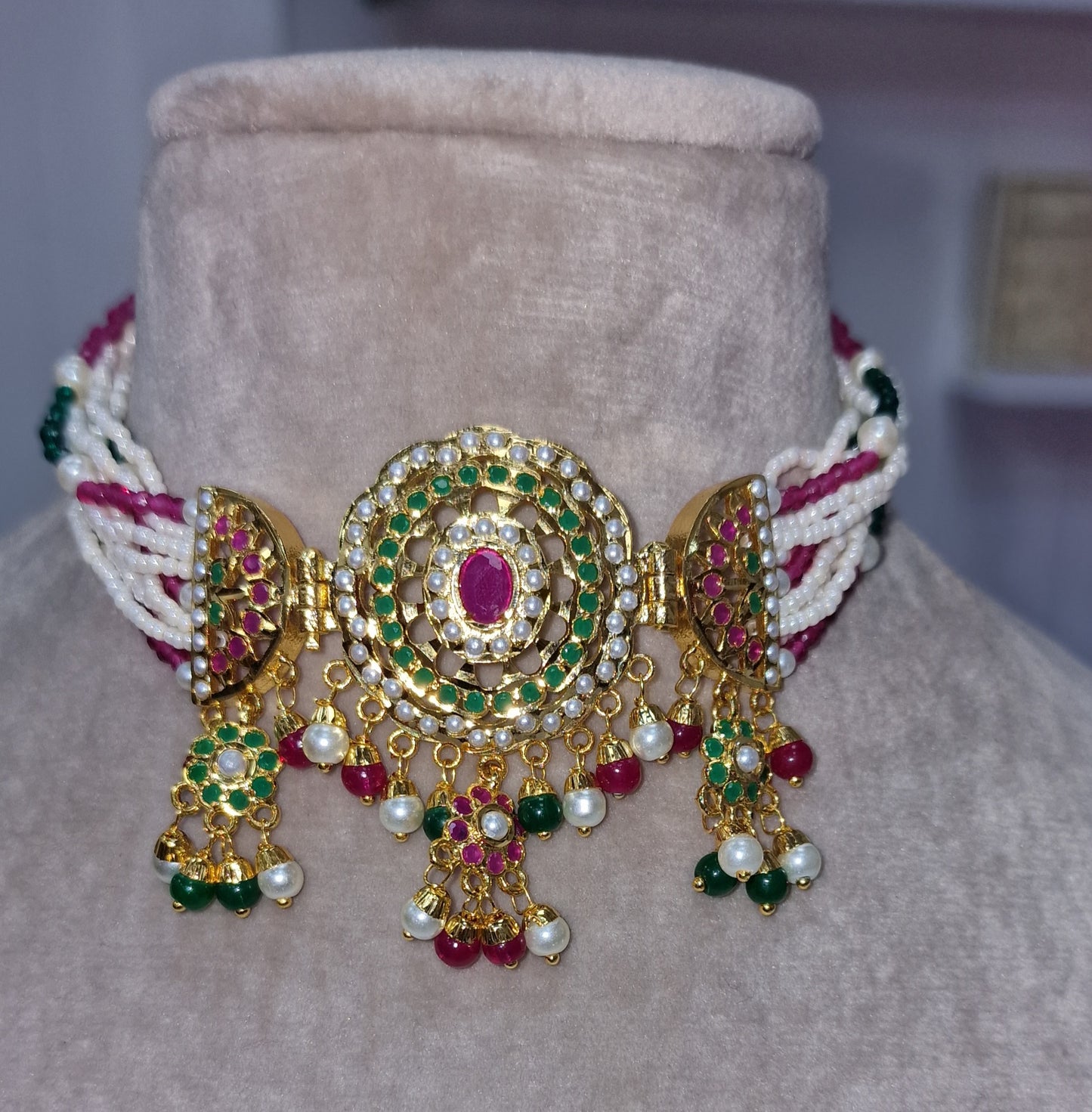 Indian ethnic Gold plated jarau multi coloured choker(collar) set with matching earrings