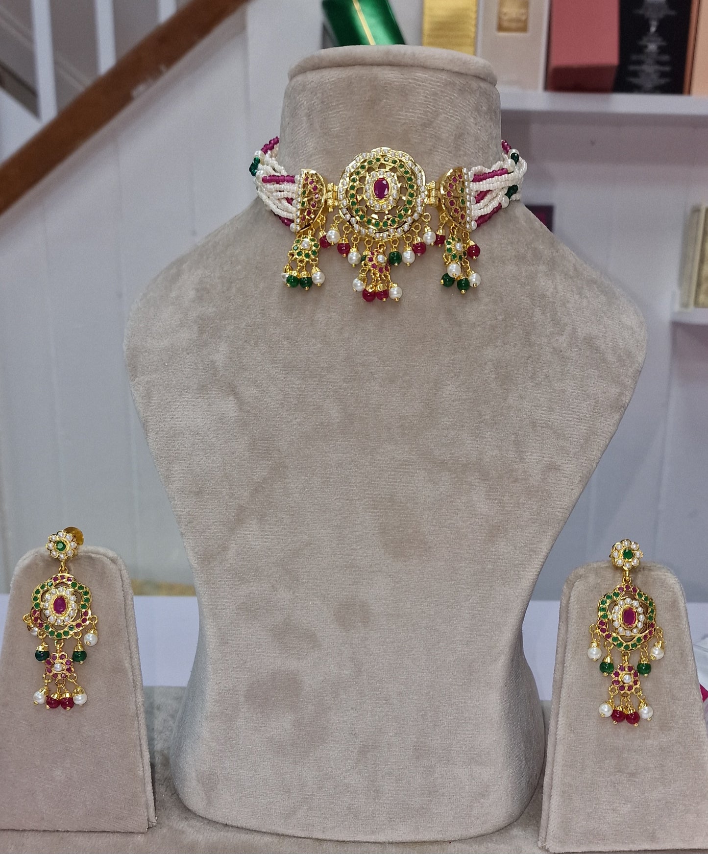 Indian ethnic Gold plated jarau multi coloured choker(collar) set with matching earrings