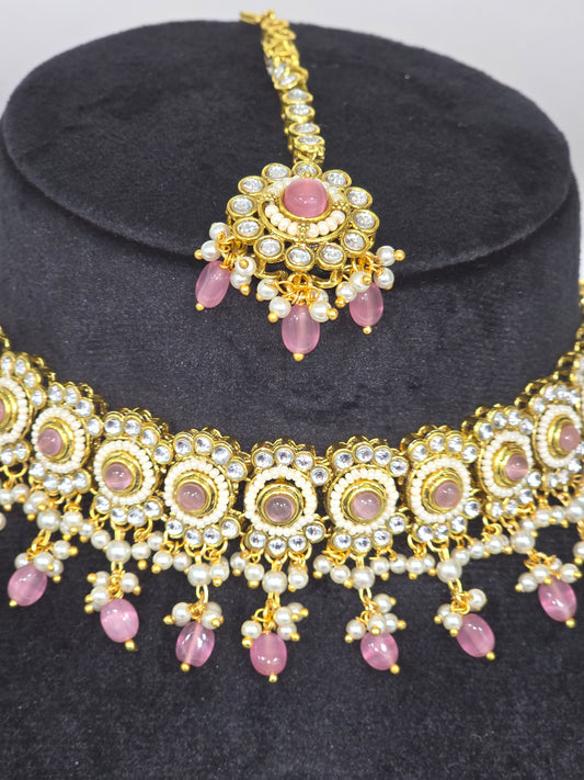 Choker set with jhumkas and tikka in light pink