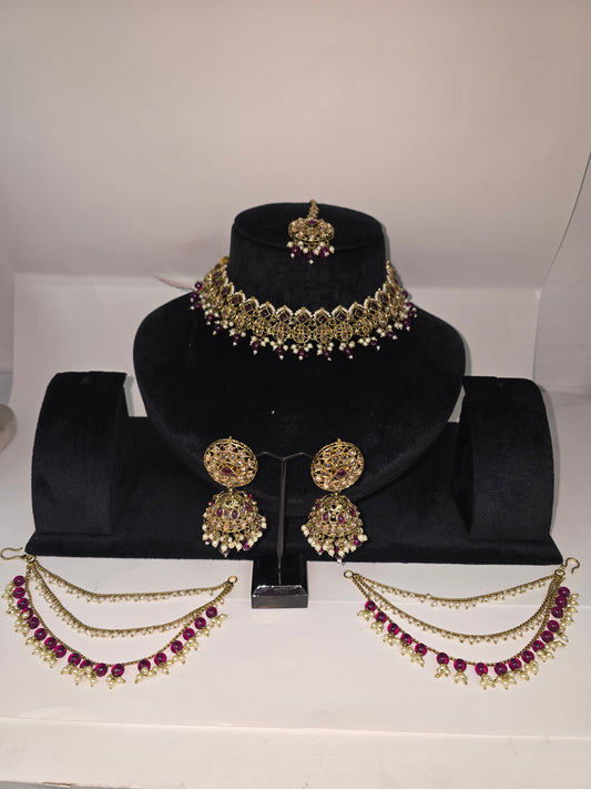 Party wear Polki set with Jhumkas, Tikka and Sahare in Cherry colour
