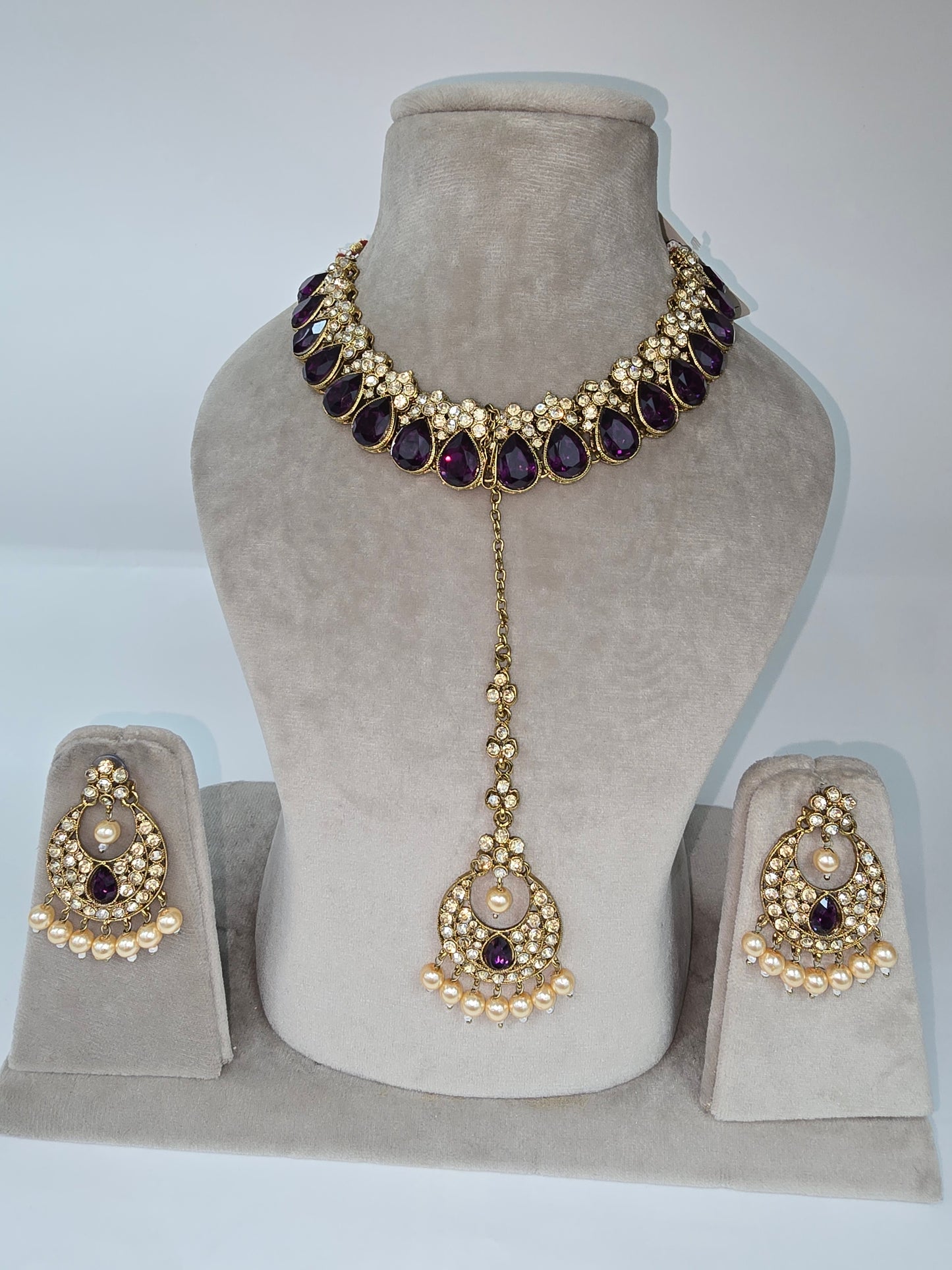 Light party wear set in Purple Stones with Earrings and Tikka