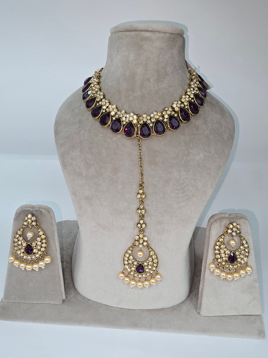 Light party wear set in Purple Stones with Earrings and Tikka