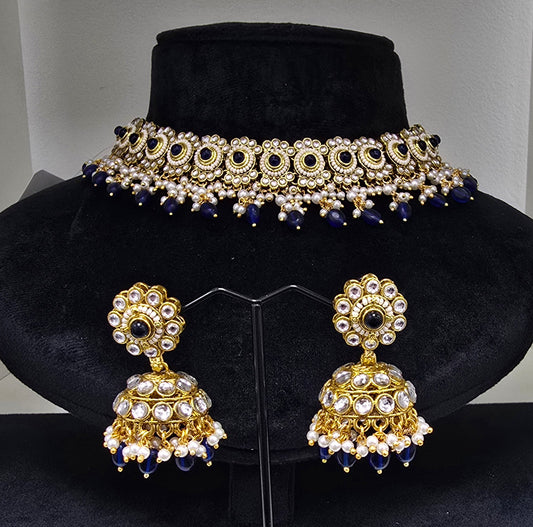 Partywear set with navy blue pearls