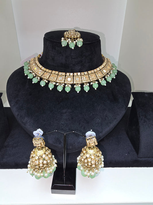 Polki set in sea green colour