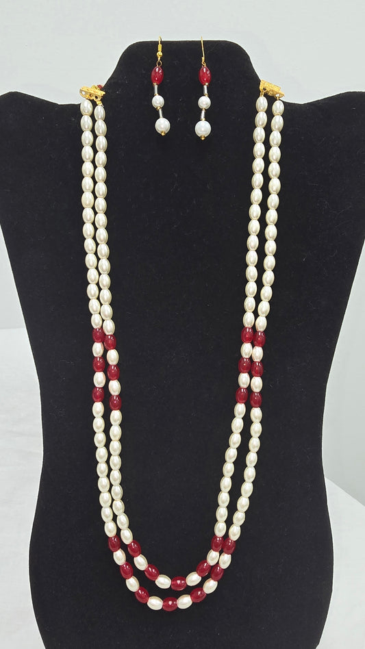 Double strand pearl necklace with hanging earrings