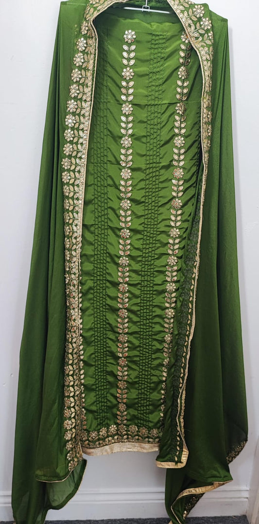 Unstitched dress material in mehndi colour