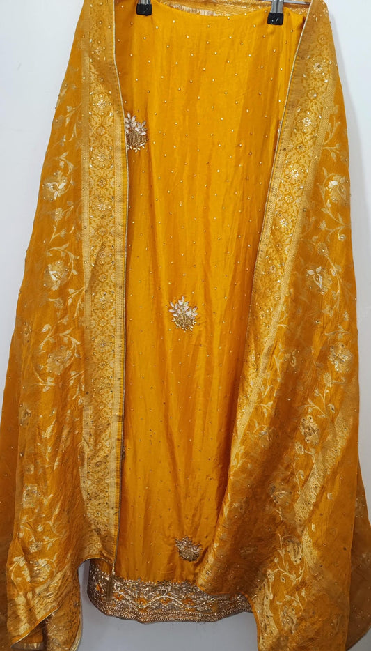 Pure silk mustard colour Punjabi suit dress material with banarsi dupatta