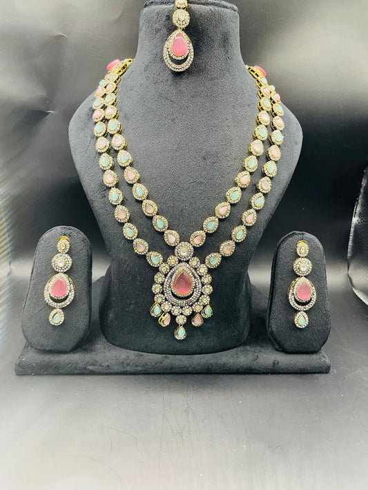 Beautiful 2 strand Polki n kundan necklace designer set with tikka
