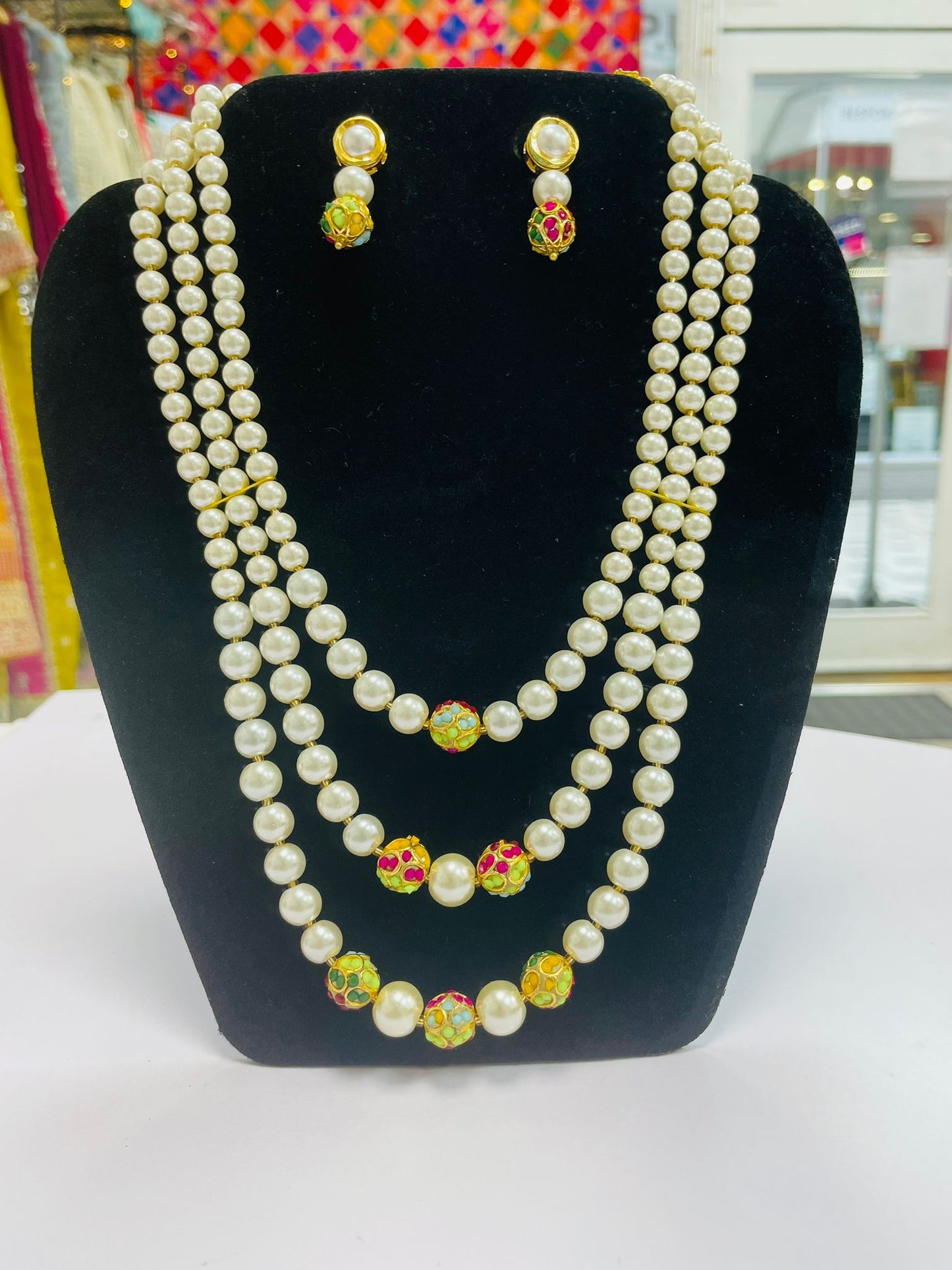 3 strand designer pearl necklace set with earings
